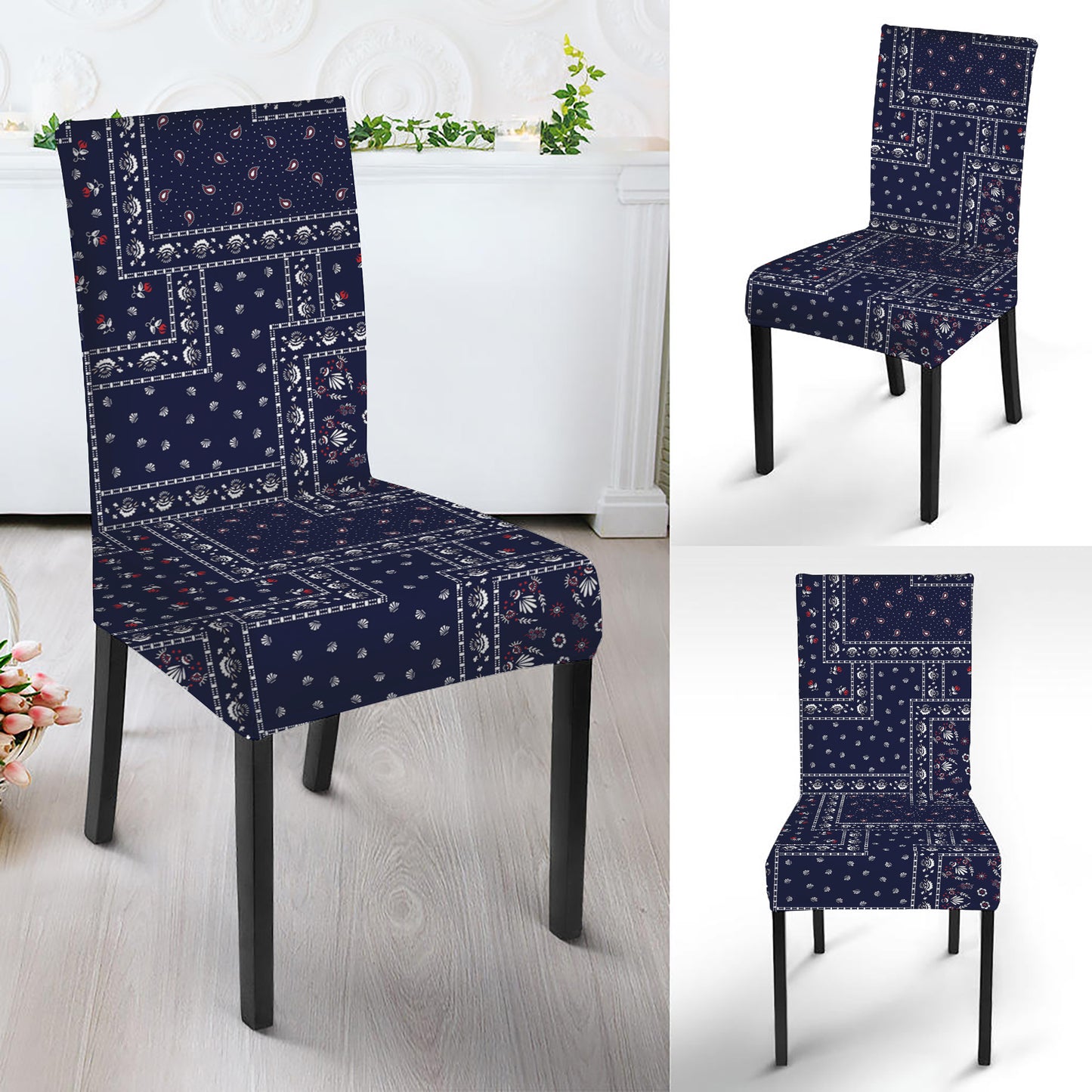 Blue Floral Patchwork Pattern Print Dining Chair Slipcover