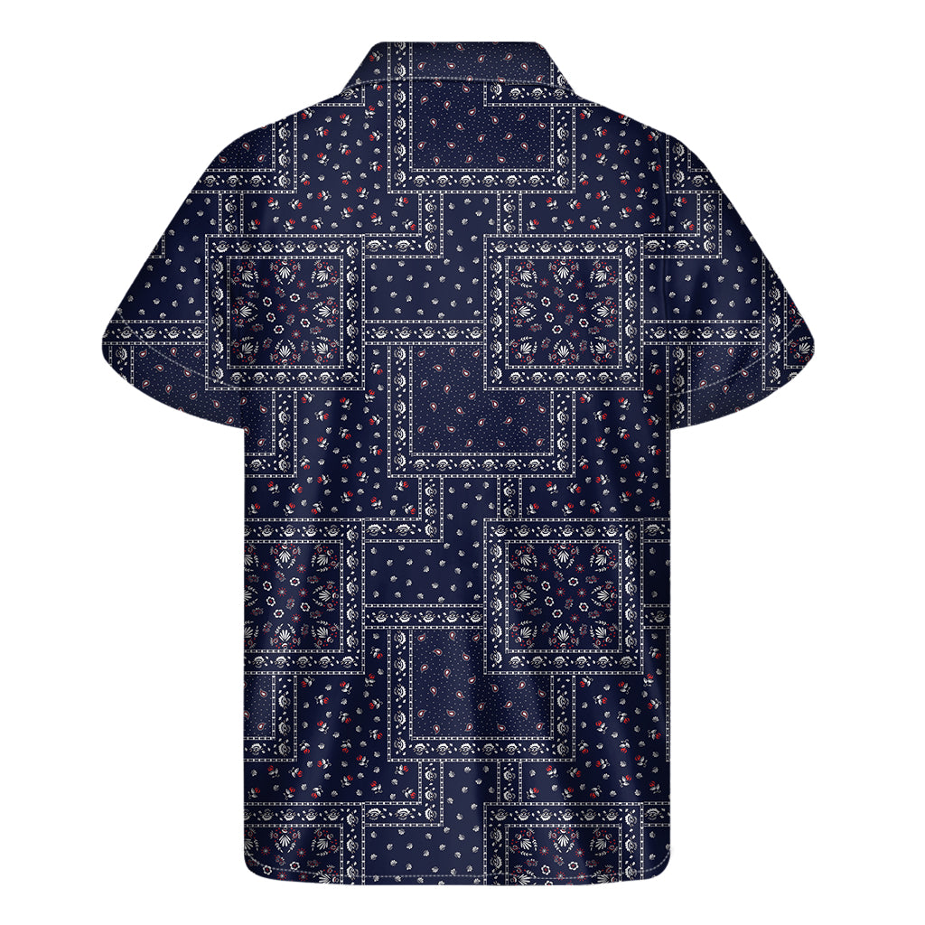 Blue Floral Patchwork Pattern Print Men's Short Sleeve Shirt