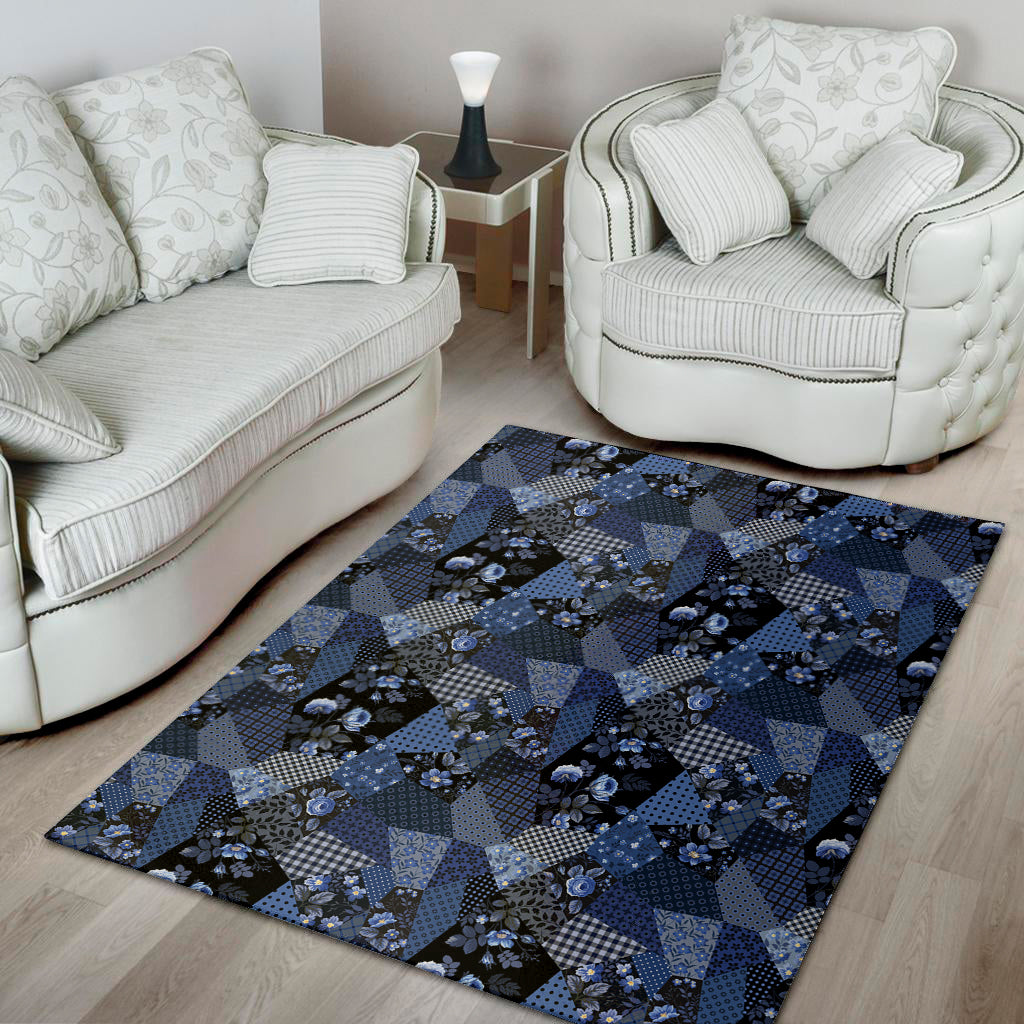 Blue Flower Patchwork Pattern Print Area Rug