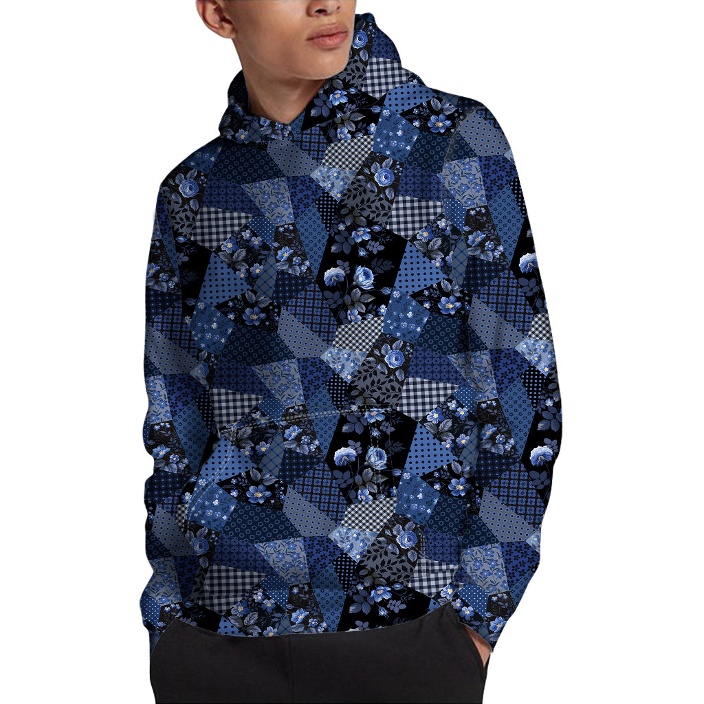 Blue Flower Patchwork Pattern Print Pullover Hoodie
