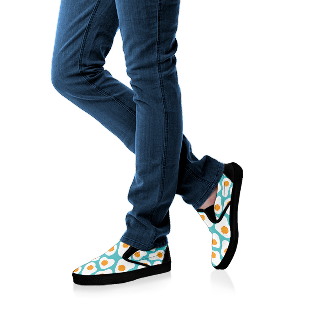 Blue Fried Eggs Pattern Print Black Slip On Shoes