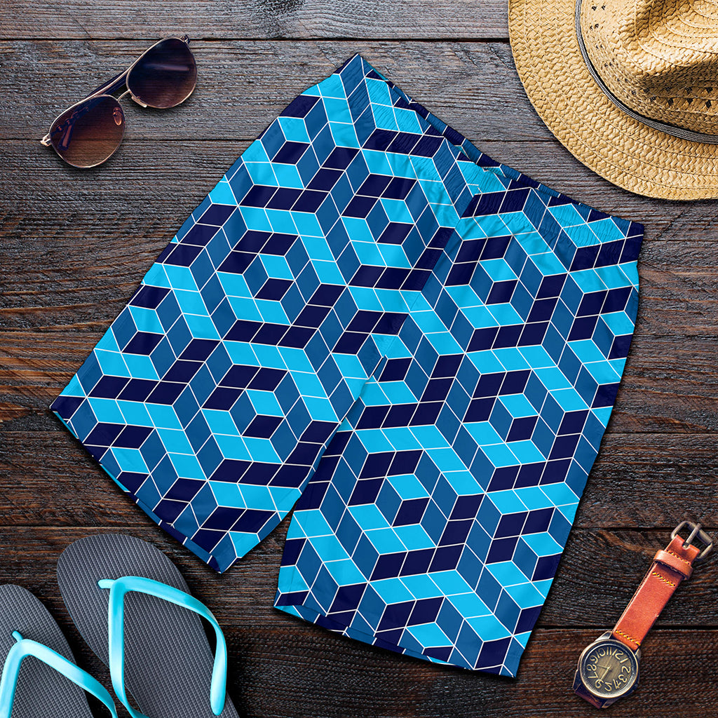 Blue Geometric Cube Shape Pattern Print Men's Shorts