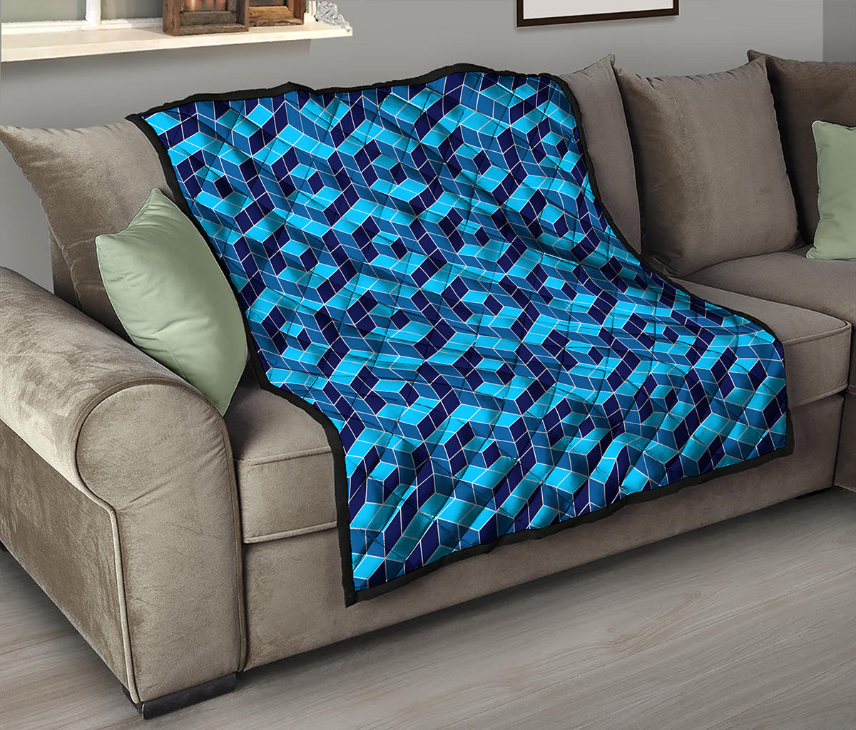 Blue Geometric Cube Shape Pattern Print Quilt