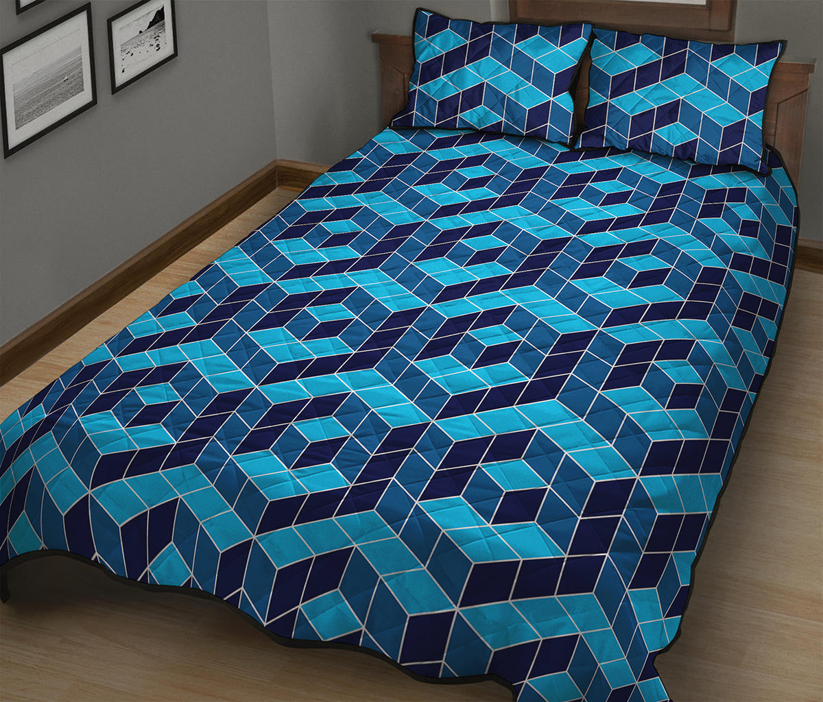 Blue Geometric Cube Shape Pattern Print Quilt Bed Set