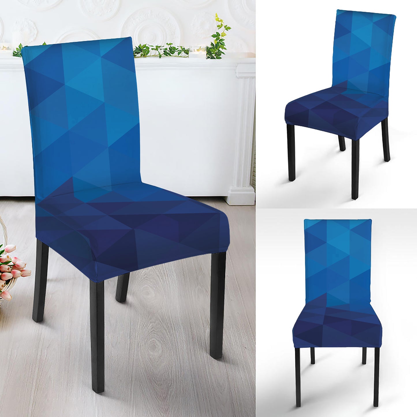 Blue Geometric Triangle Pattern Print Dining Chair Slipcover