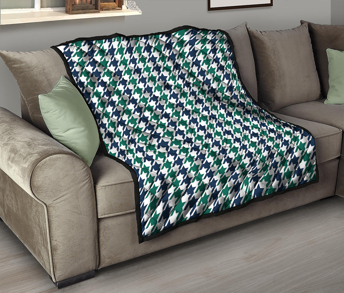 Blue Green And White Houndstooth Print Quilt