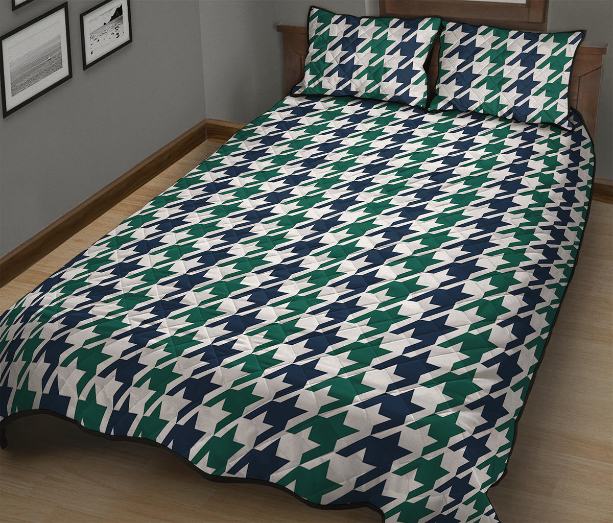 Blue Green And White Houndstooth Print Quilt Bed Set