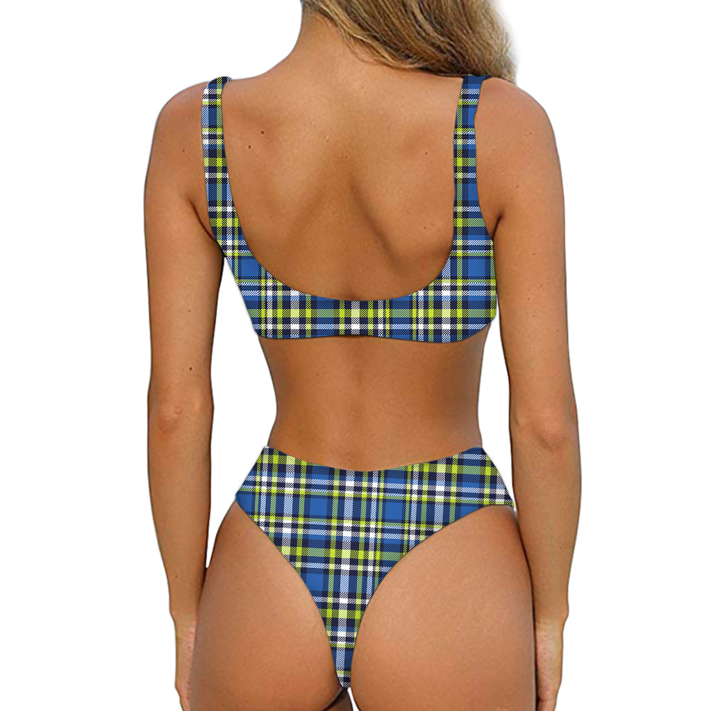 Blue Green And White Plaid Pattern Print Front Bow Tie Bikini