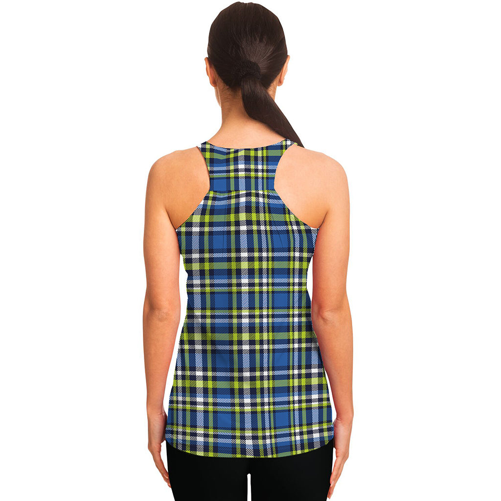 Blue Green And White Plaid Pattern Print Women's Racerback Tank Top