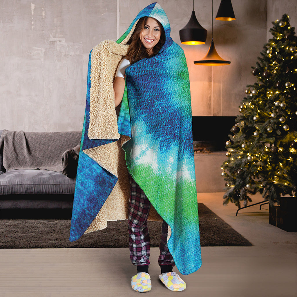 Blue Green And White Tie Dye Print Hooded Blanket