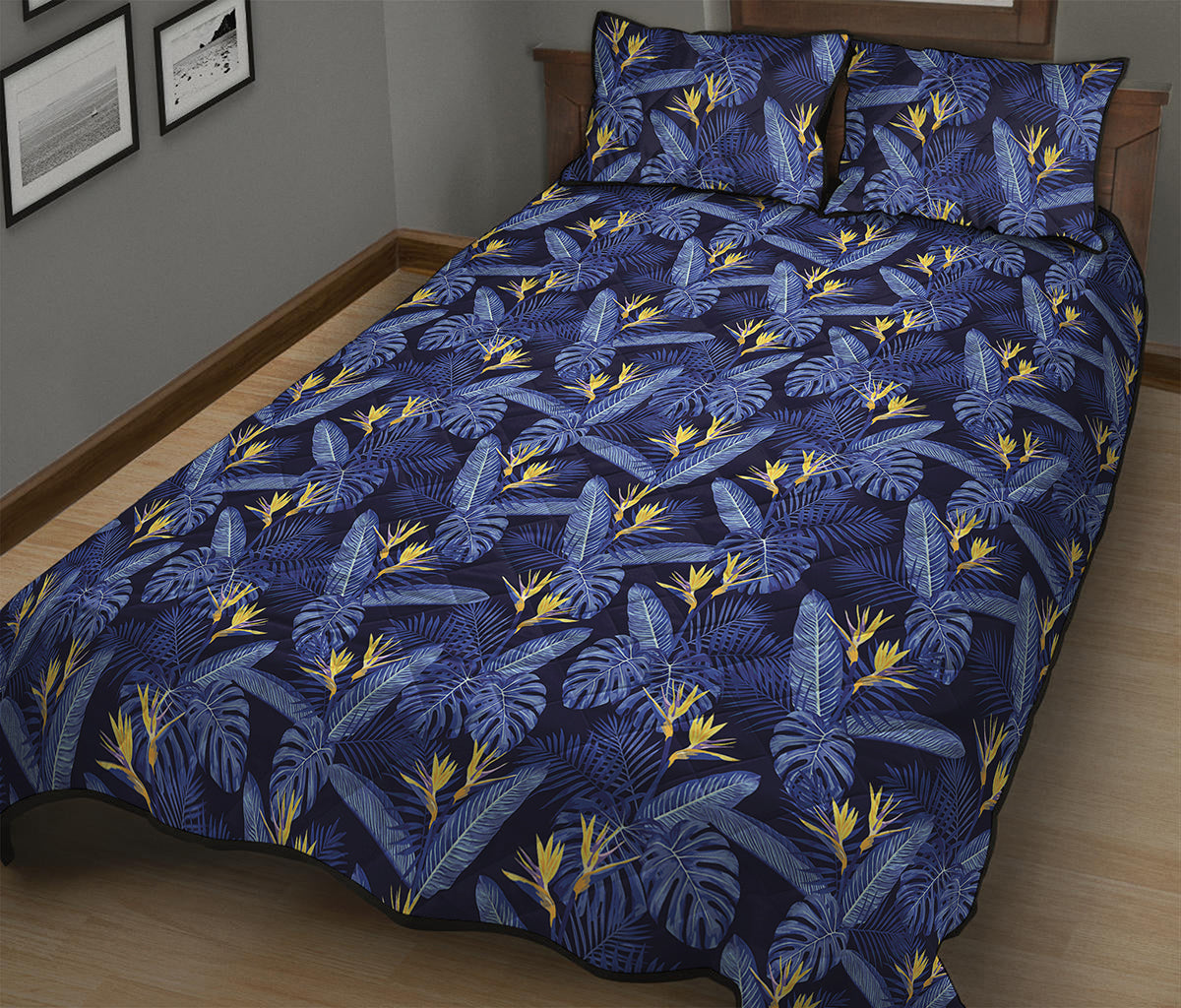 Blue Hawaiian Tropical Pattern Print Quilt Bed Set