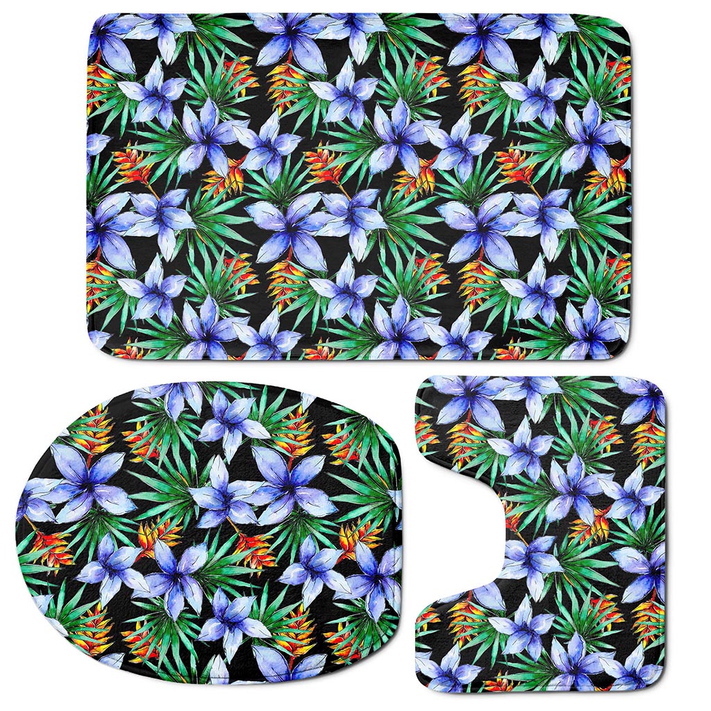 Blue Hawaiian Wildflowers Pattern Print 3 Piece Bath Mat Set