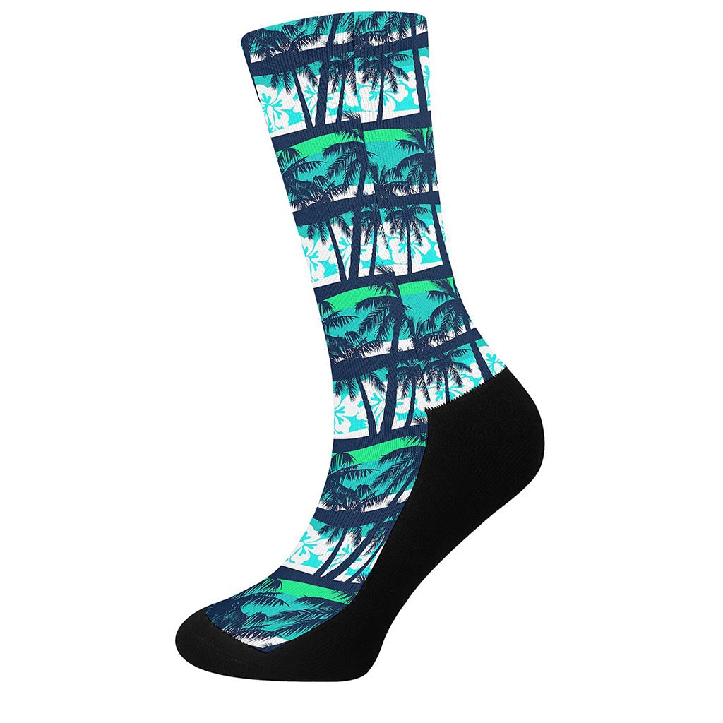 Blue Hibiscus Palm Tree Pattern Print Crew Socks