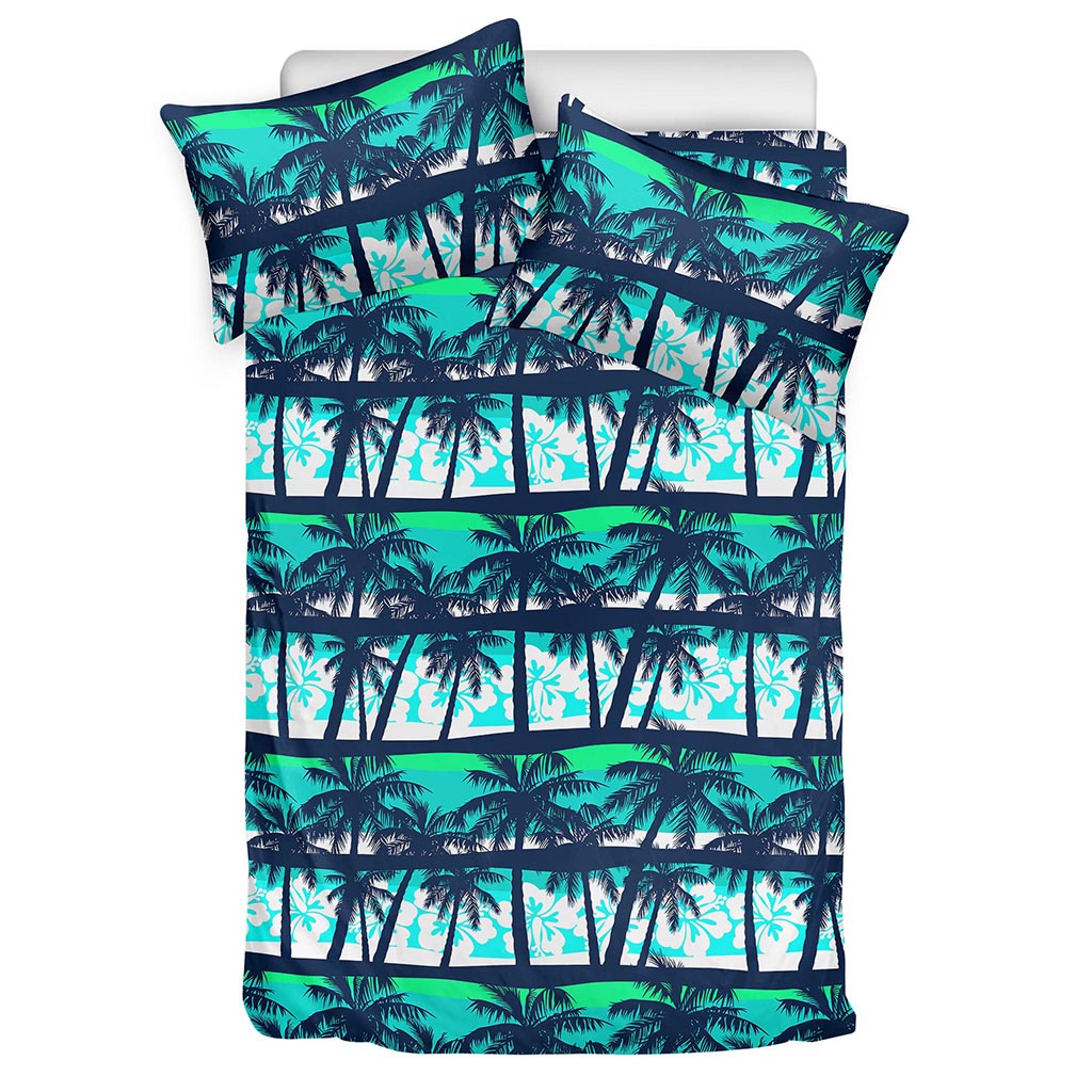 Blue Hibiscus Palm Tree Pattern Print Duvet Cover Bedding Set