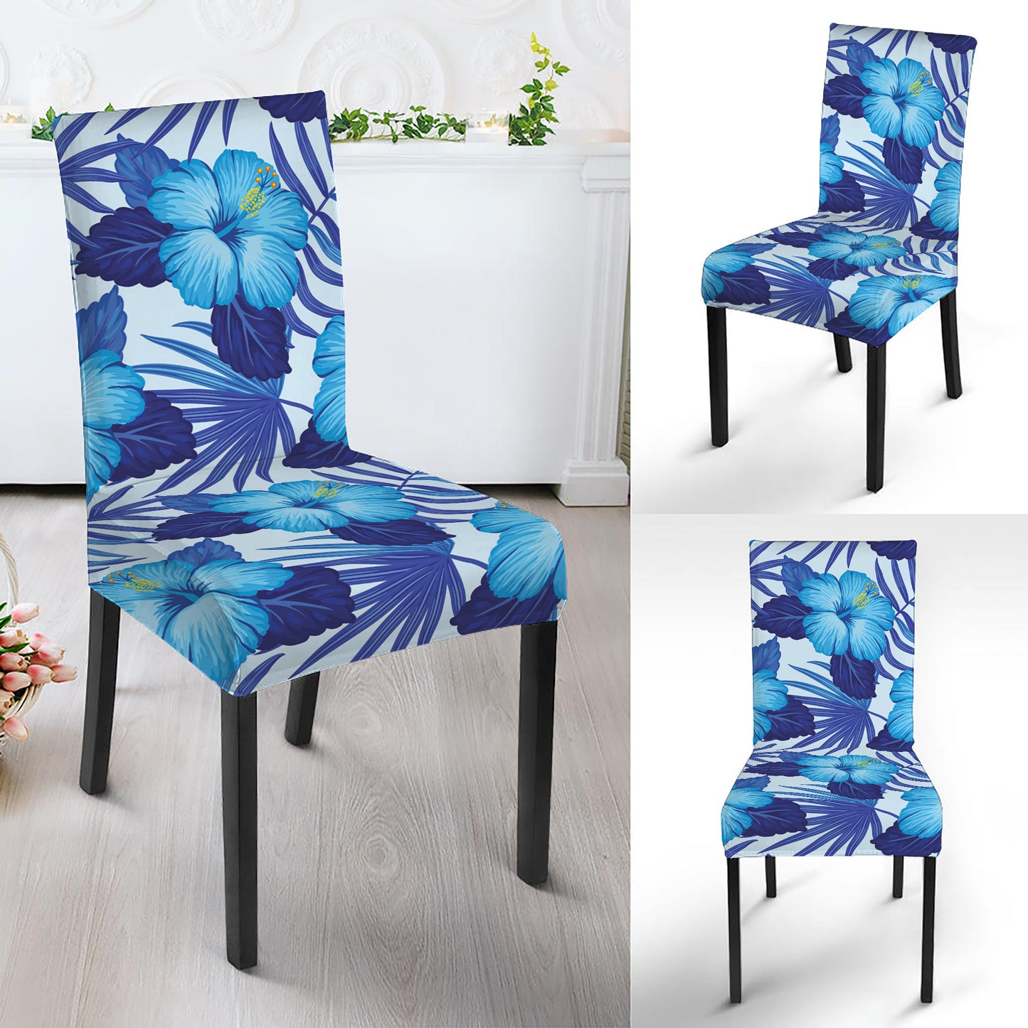 Blue Hibiscus Tropical Pattern Print Dining Chair Slipcover