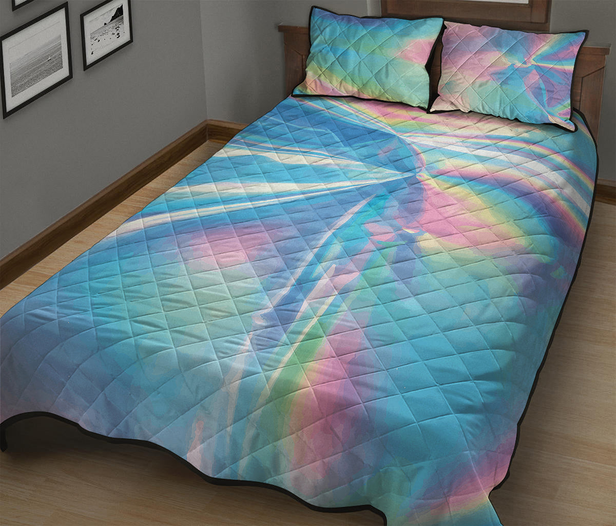 Blue Holographic Print Quilt Bed Set