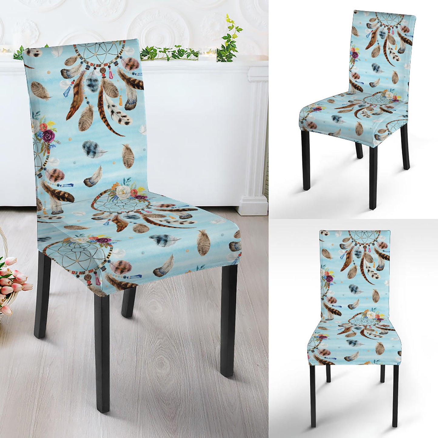 Blue Indian Dream Catcher Pattern Print Dining Chair Slipcover