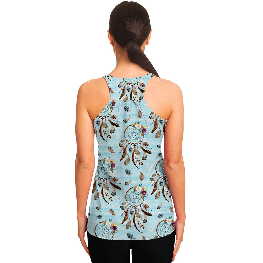 Blue Indian Dream Catcher Pattern Print Women's Racerback Tank Top