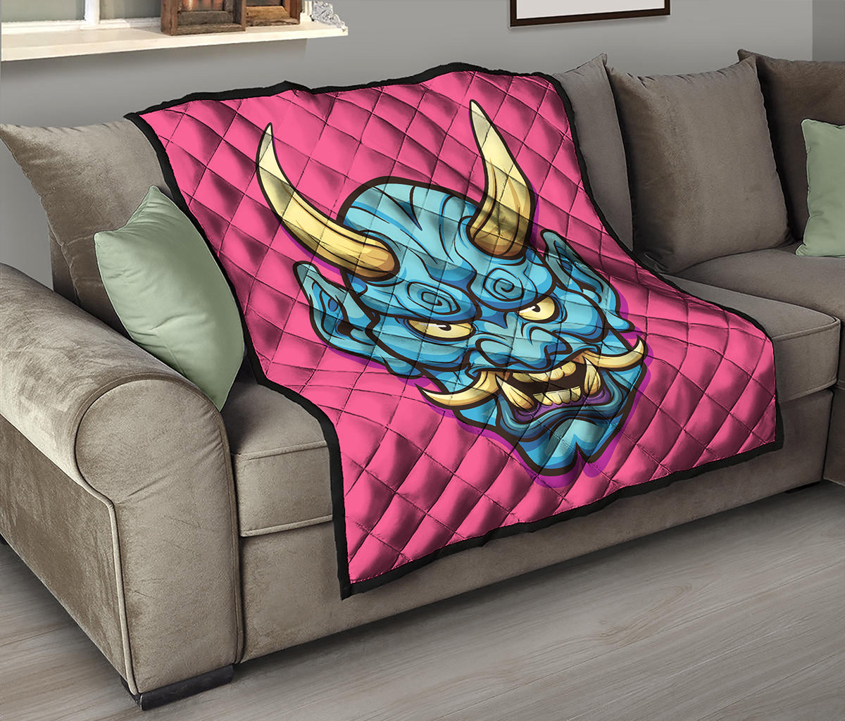 Blue Japanese Demon Print Quilt