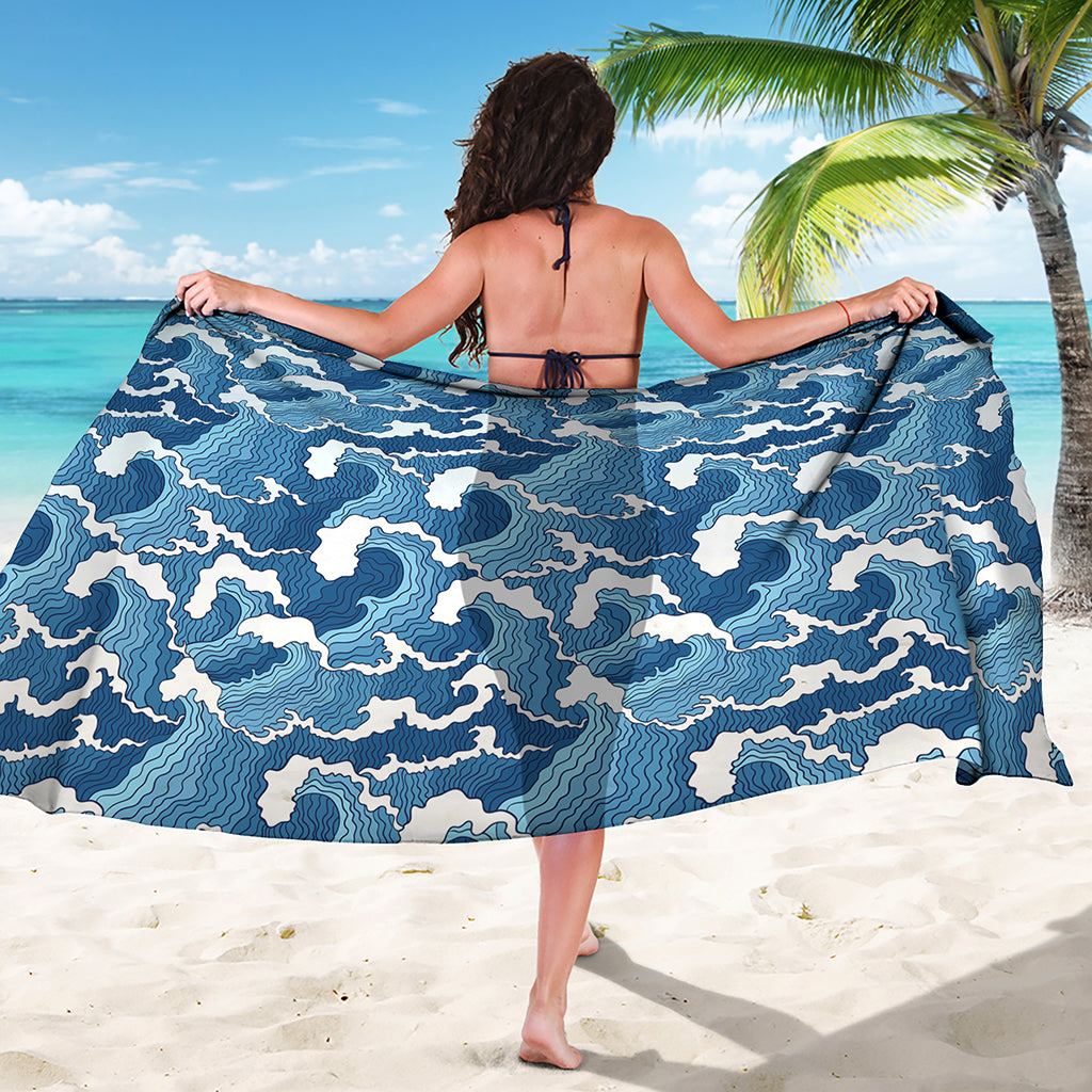 Blue Japanese Wave Pattern Print Beach Sarong Wrap