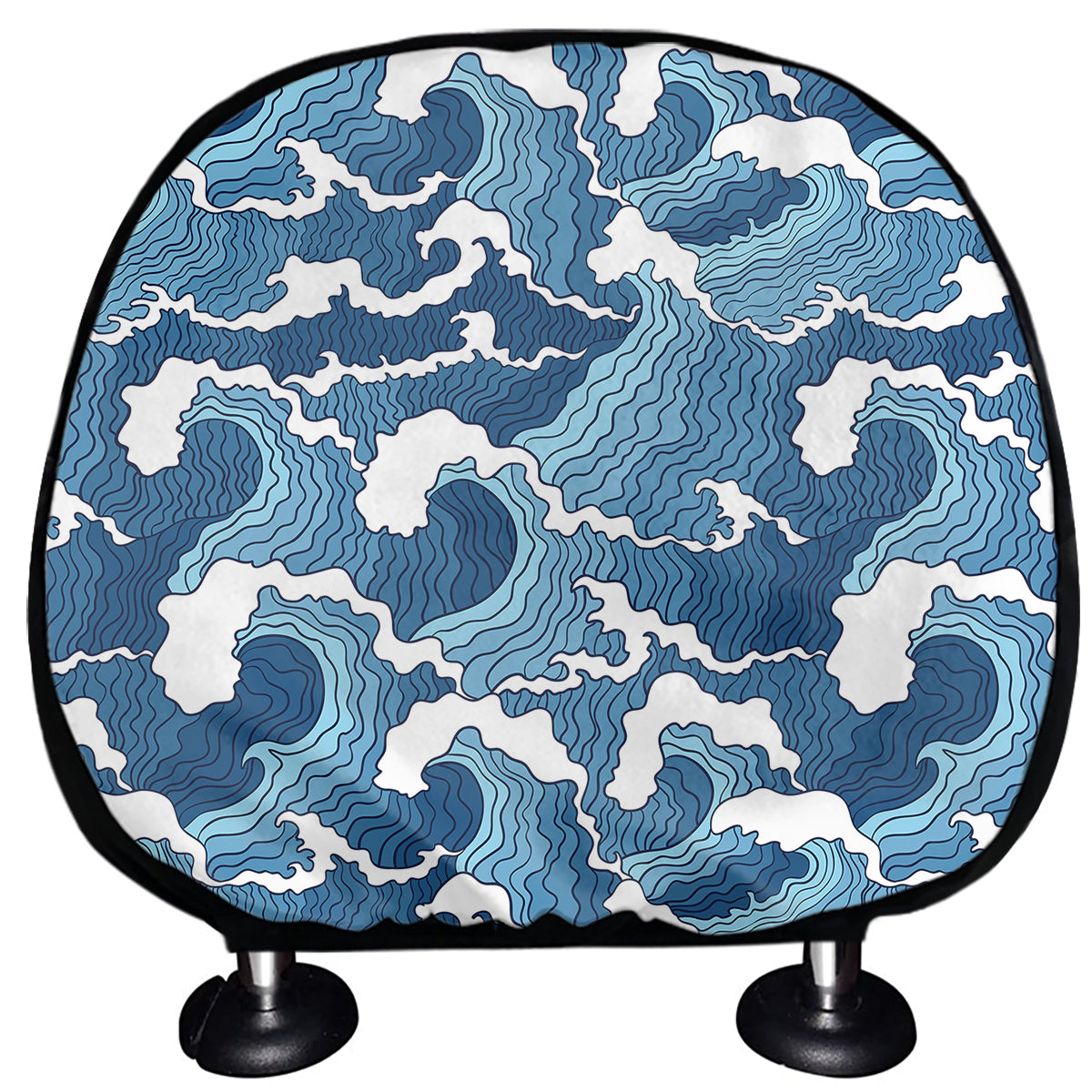 Blue Japanese Wave Pattern Print Car Headrest Covers
