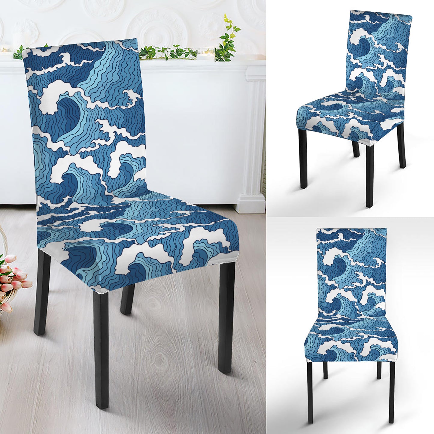 Blue Japanese Wave Pattern Print Dining Chair Slipcover