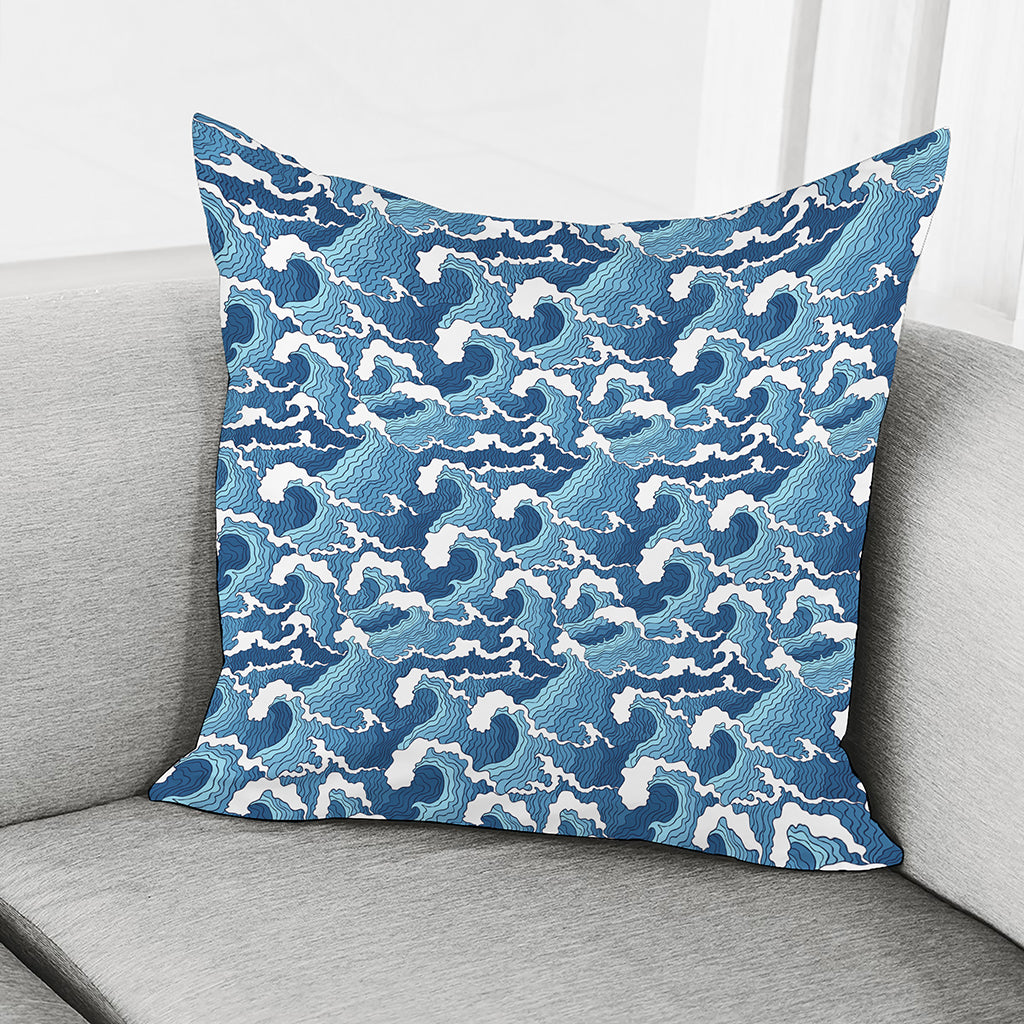 Blue Japanese Wave Pattern Print Pillow Cover