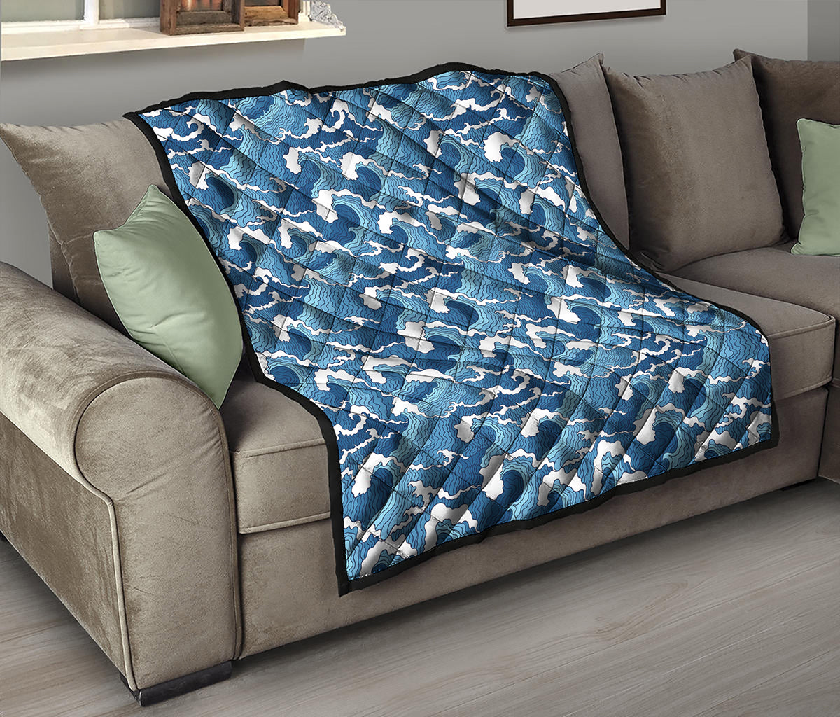 Blue Japanese Wave Pattern Print Quilt
