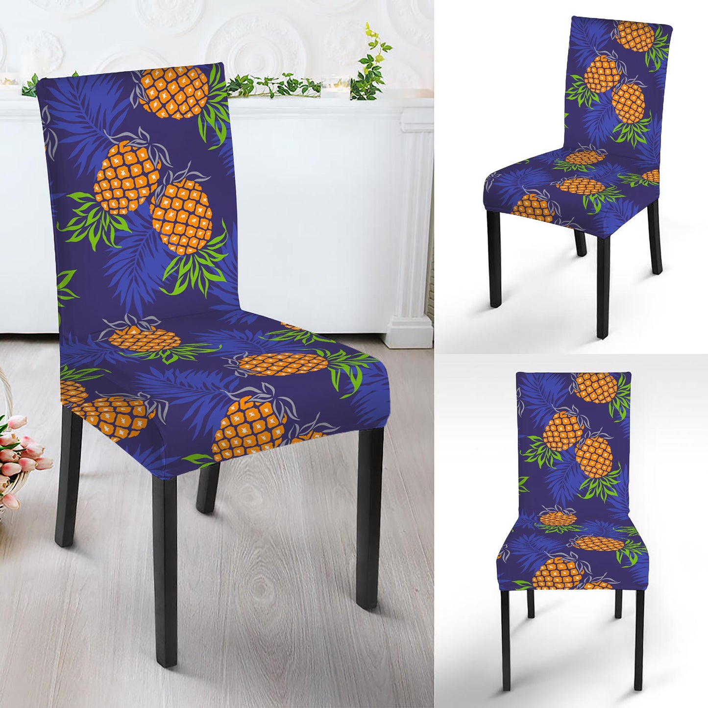 Blue Leaf Pineapple Pattern Print Dining Chair Slipcover