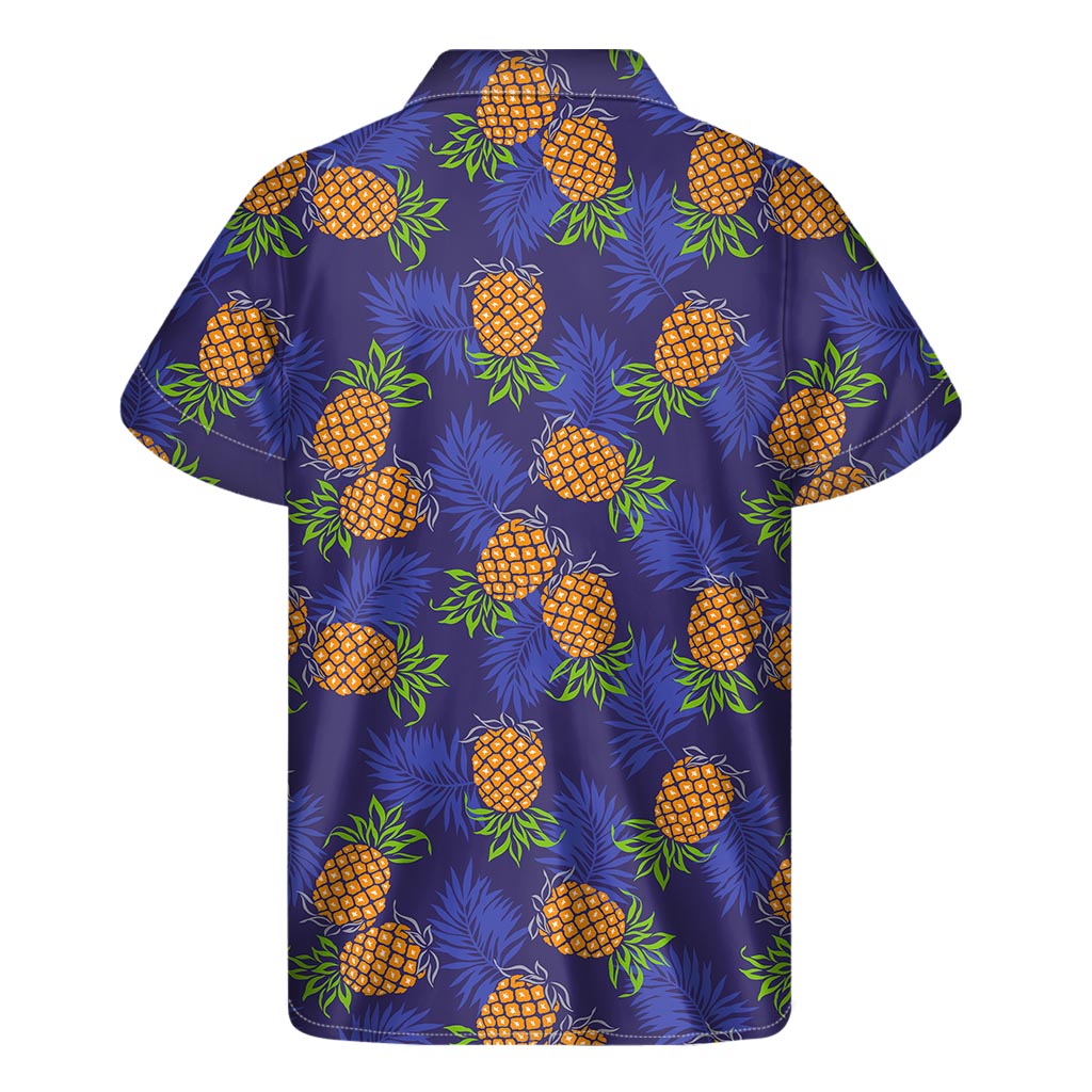 Blue Leaf Pineapple Pattern Print Men's Short Sleeve Shirt