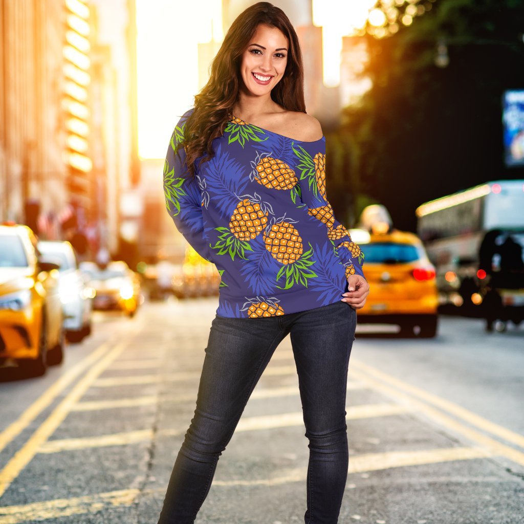 Blue Leaf Pineapple Pattern Print Off Shoulder Sweatshirt GearFrost