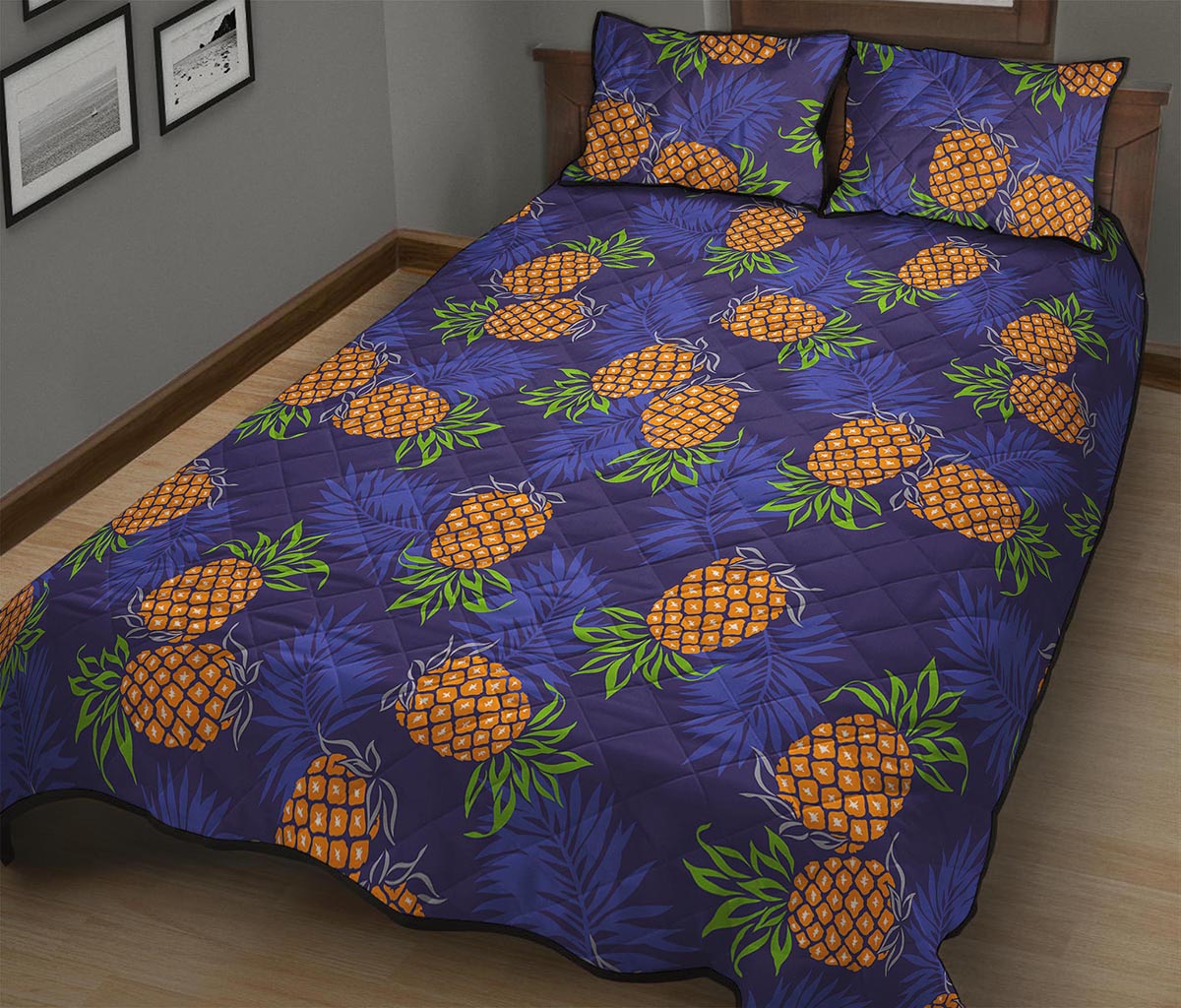 Blue Leaf Pineapple Pattern Print Quilt Bed Set