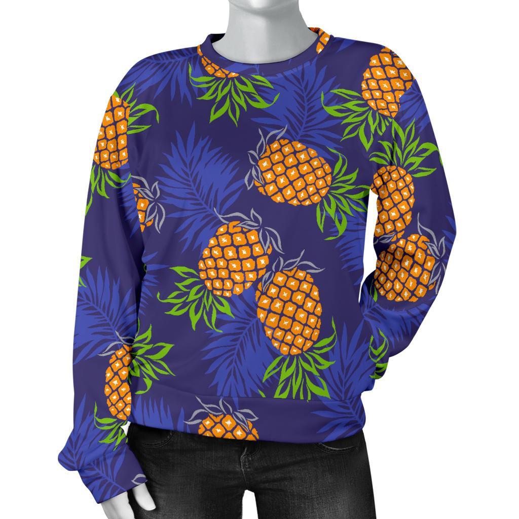 Blue Leaf Pineapple Pattern Print Women's Crewneck Sweatshirt GearFrost