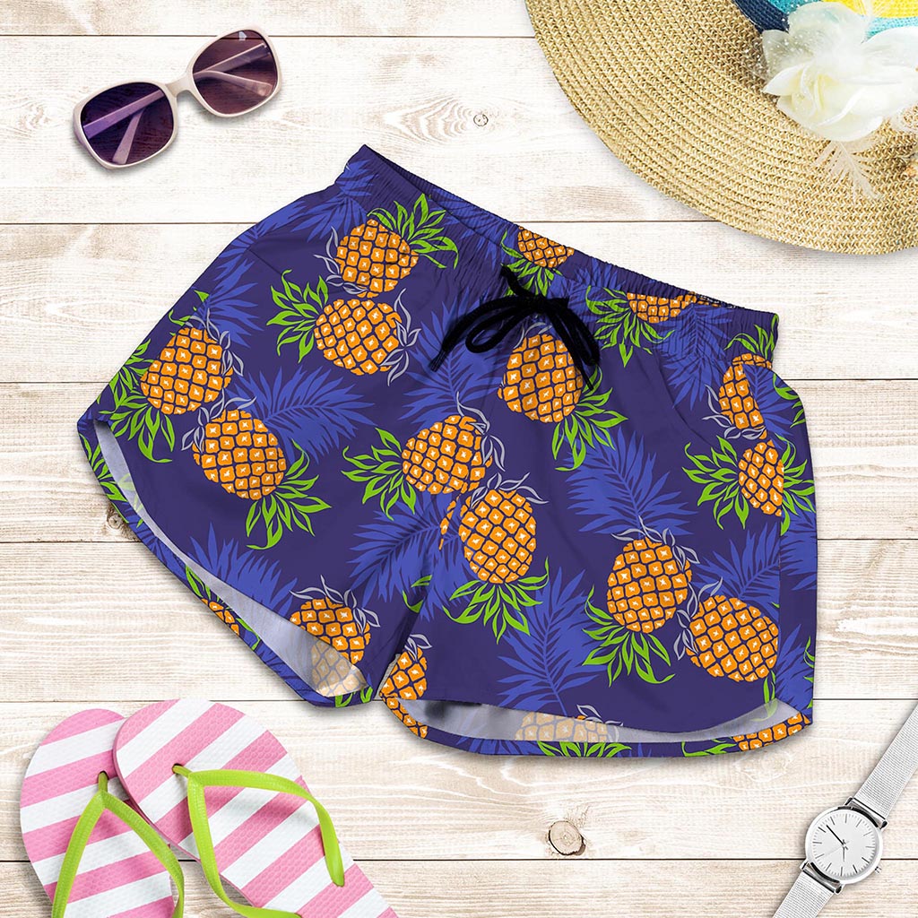 Blue Leaf Pineapple Pattern Print Women's Shorts
