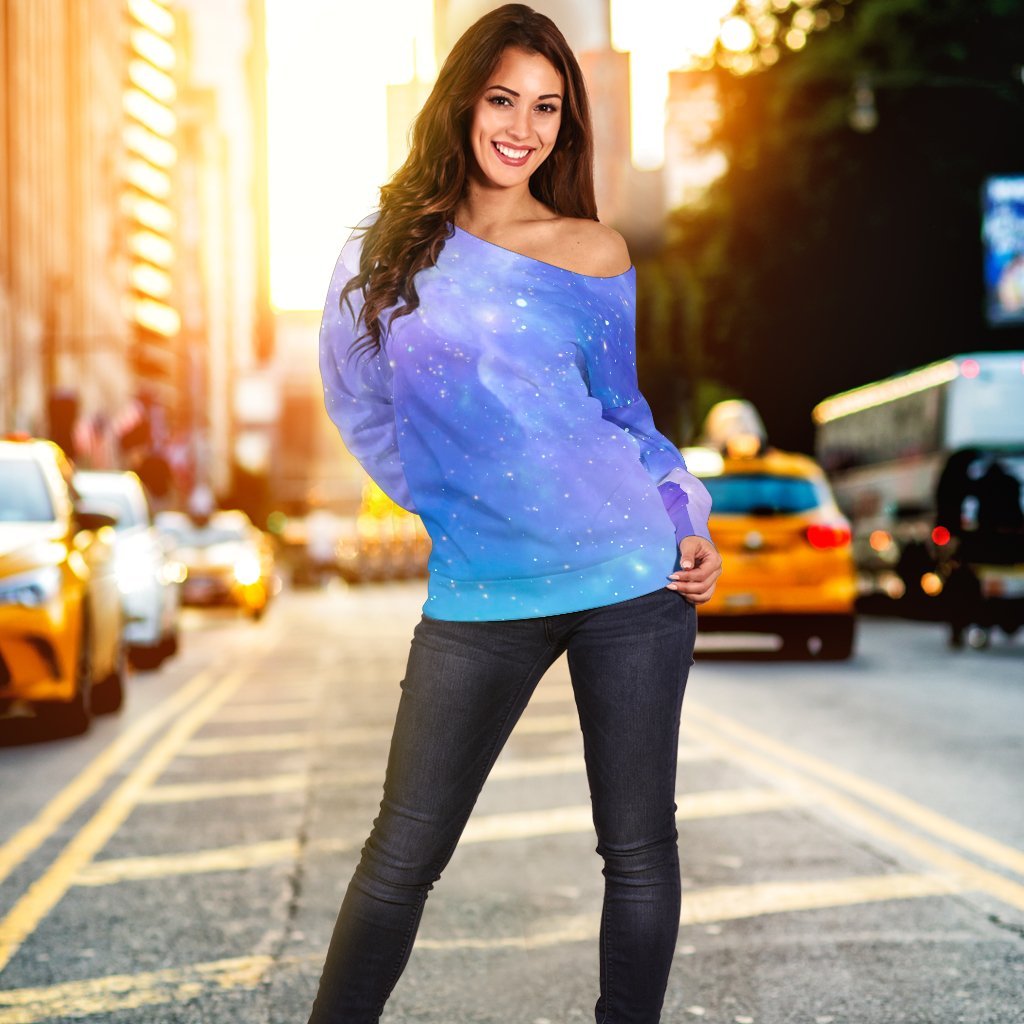 Blue Light Nebula Galaxy Space Print Off Shoulder Sweatshirt GearFrost