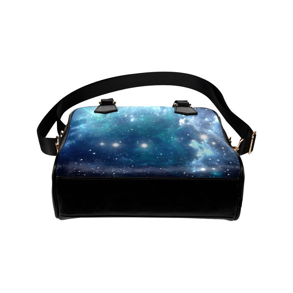 Blue Light Sparkle Galaxy Space Print Leather Shoulder Handbag GearFrost
