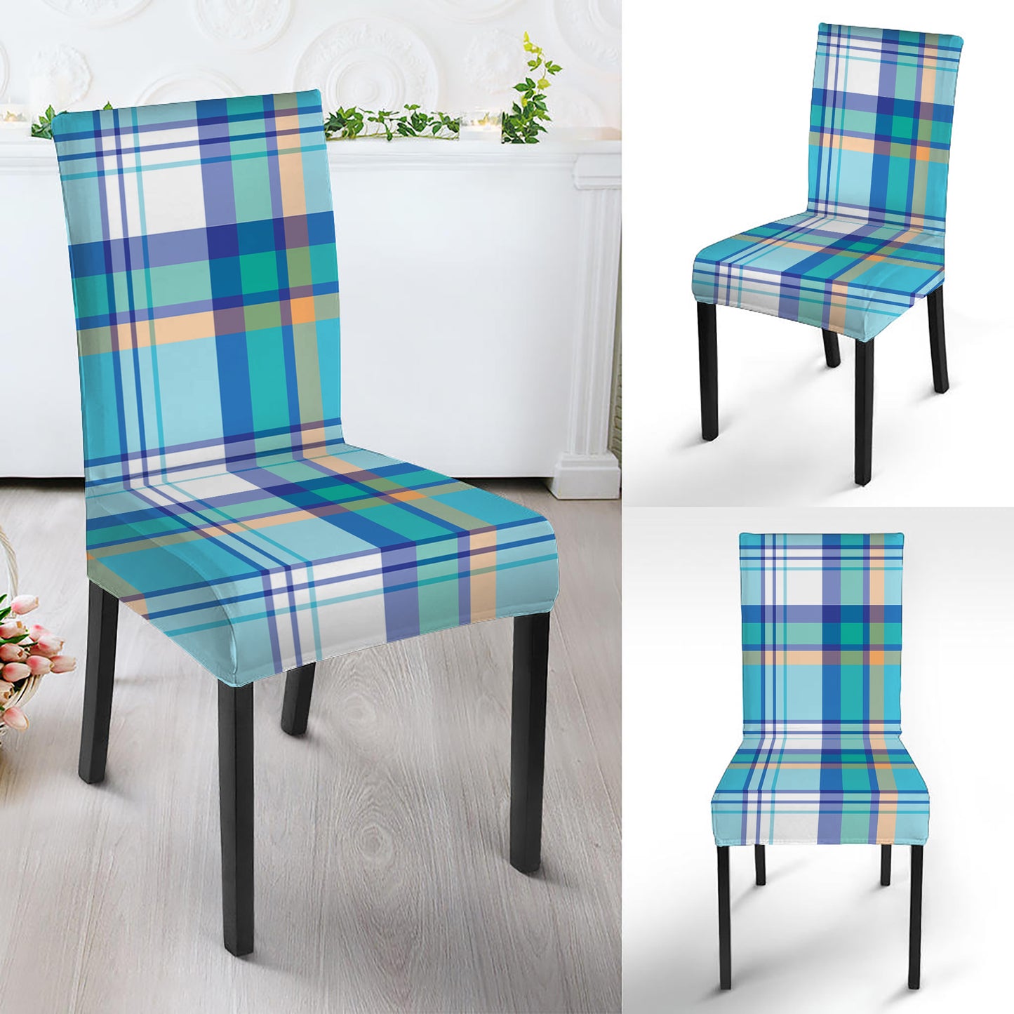 Blue Madras Pattern Print Dining Chair Slipcover
