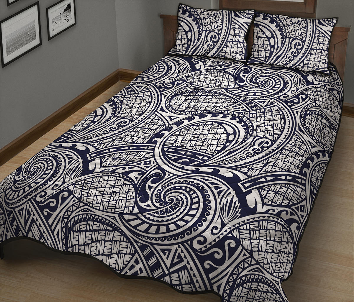 Blue Maori Polynesian Tribal Print Quilt Bed Set