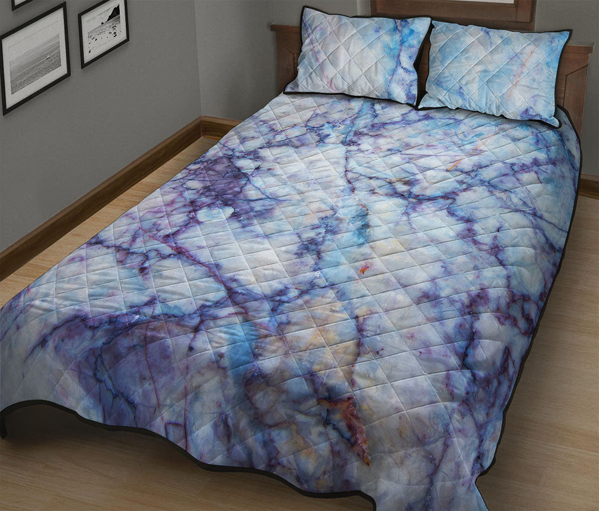 Blue Marble Print Quilt Bed Set