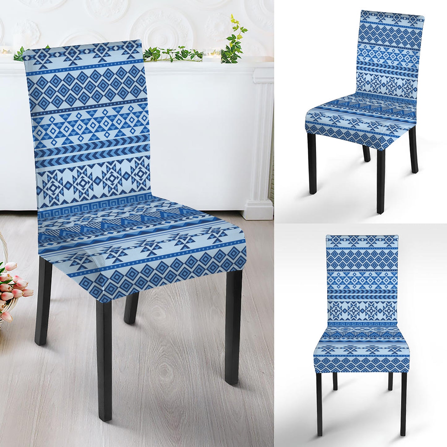 Blue Native American Aztec Pattern Print Dining Chair Slipcover