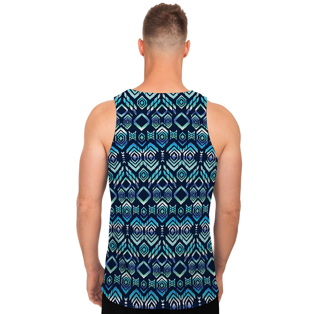 Blue Native Aztec Tribal Pattern Print Men's Tank Top