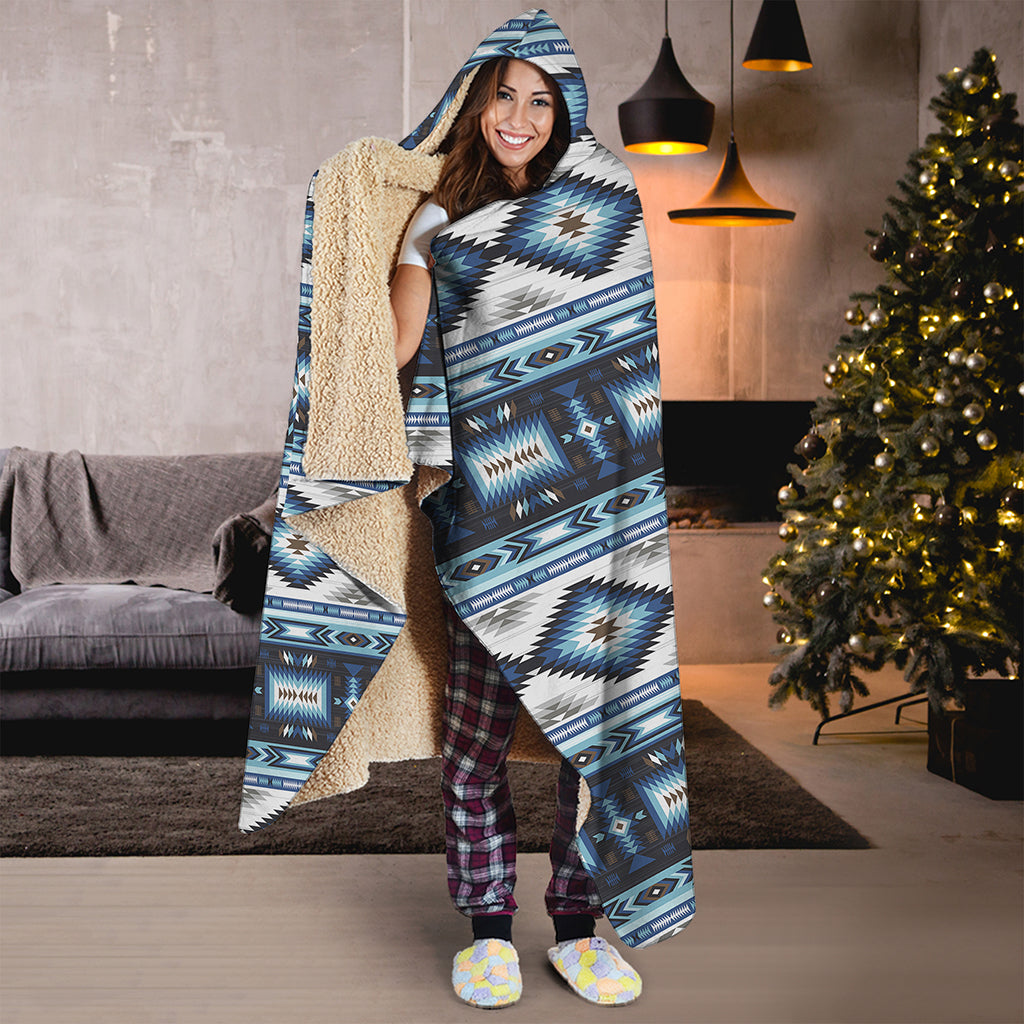 Blue Native Navajo Print Hooded Blanket