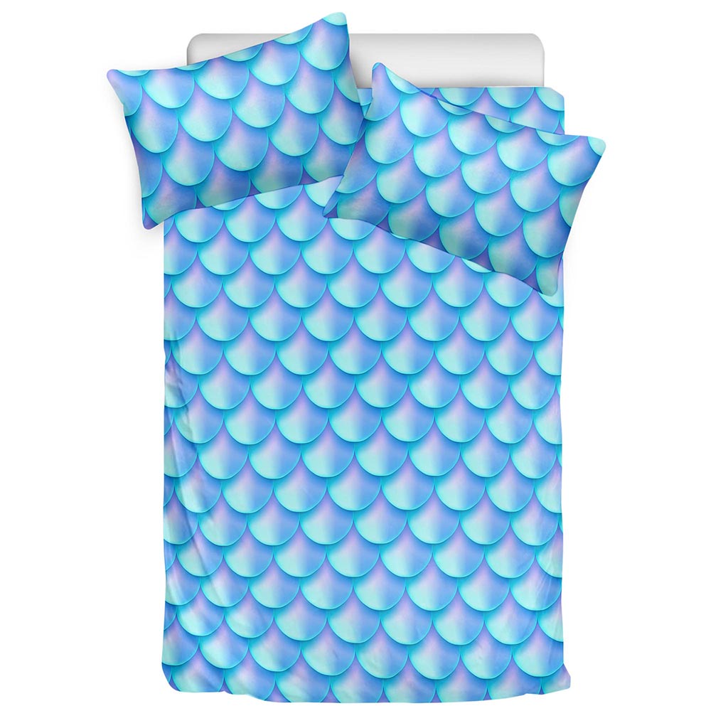 Blue Neon Mermaid Scales Pattern Print Duvet Cover Bedding Set