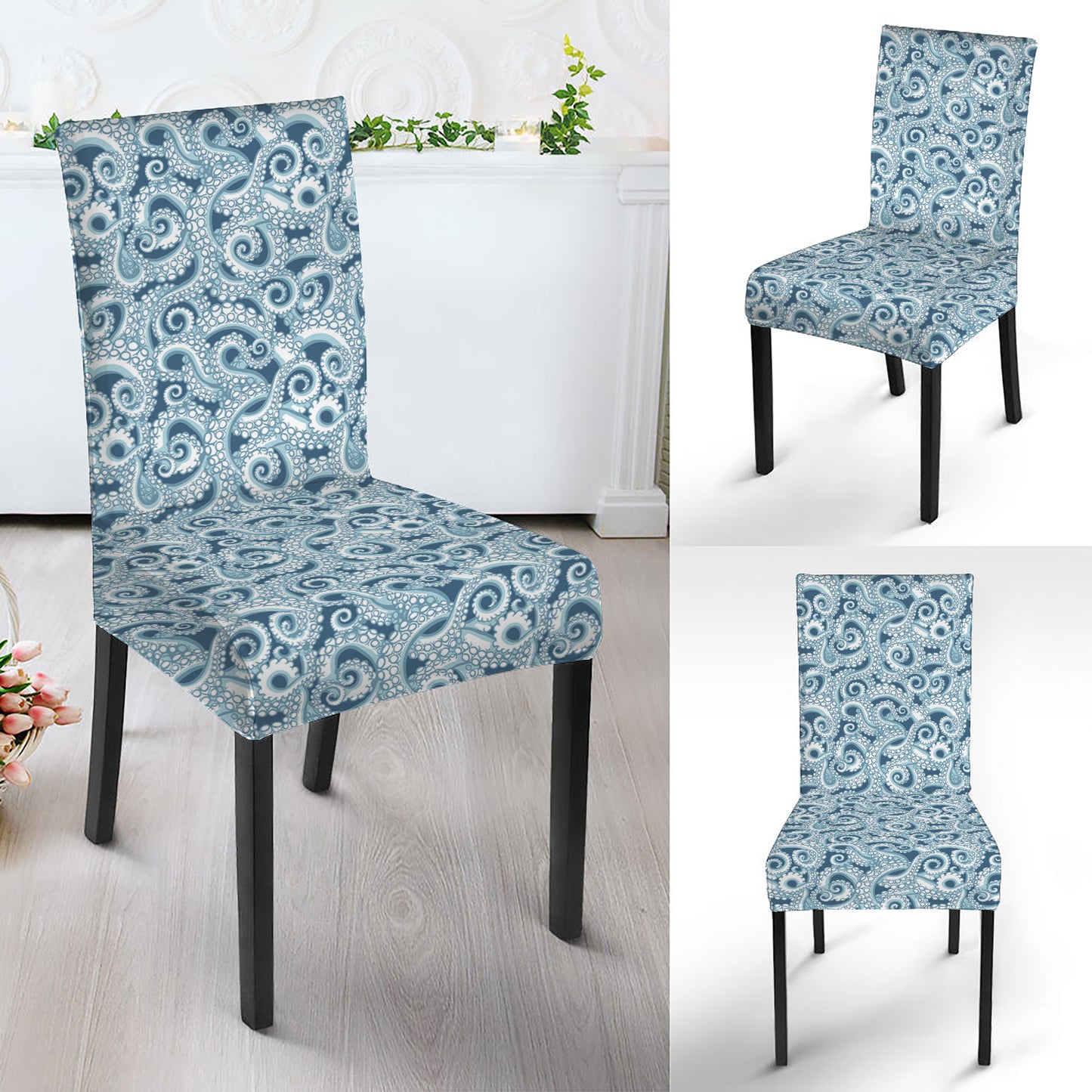 Blue Octopus Tentacles Pattern Print Dining Chair Slipcover