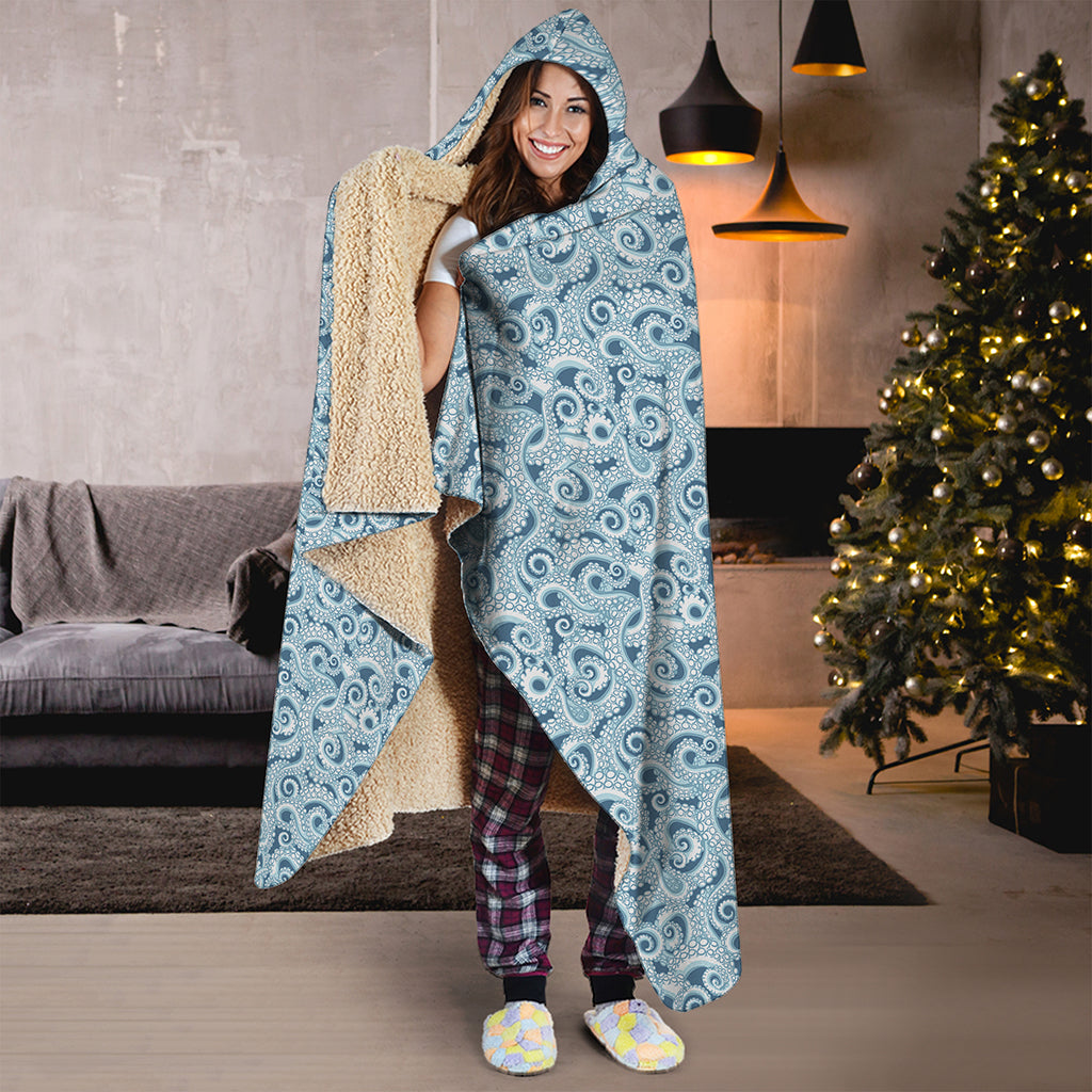 Blue Octopus Tentacles Pattern Print Hooded Blanket