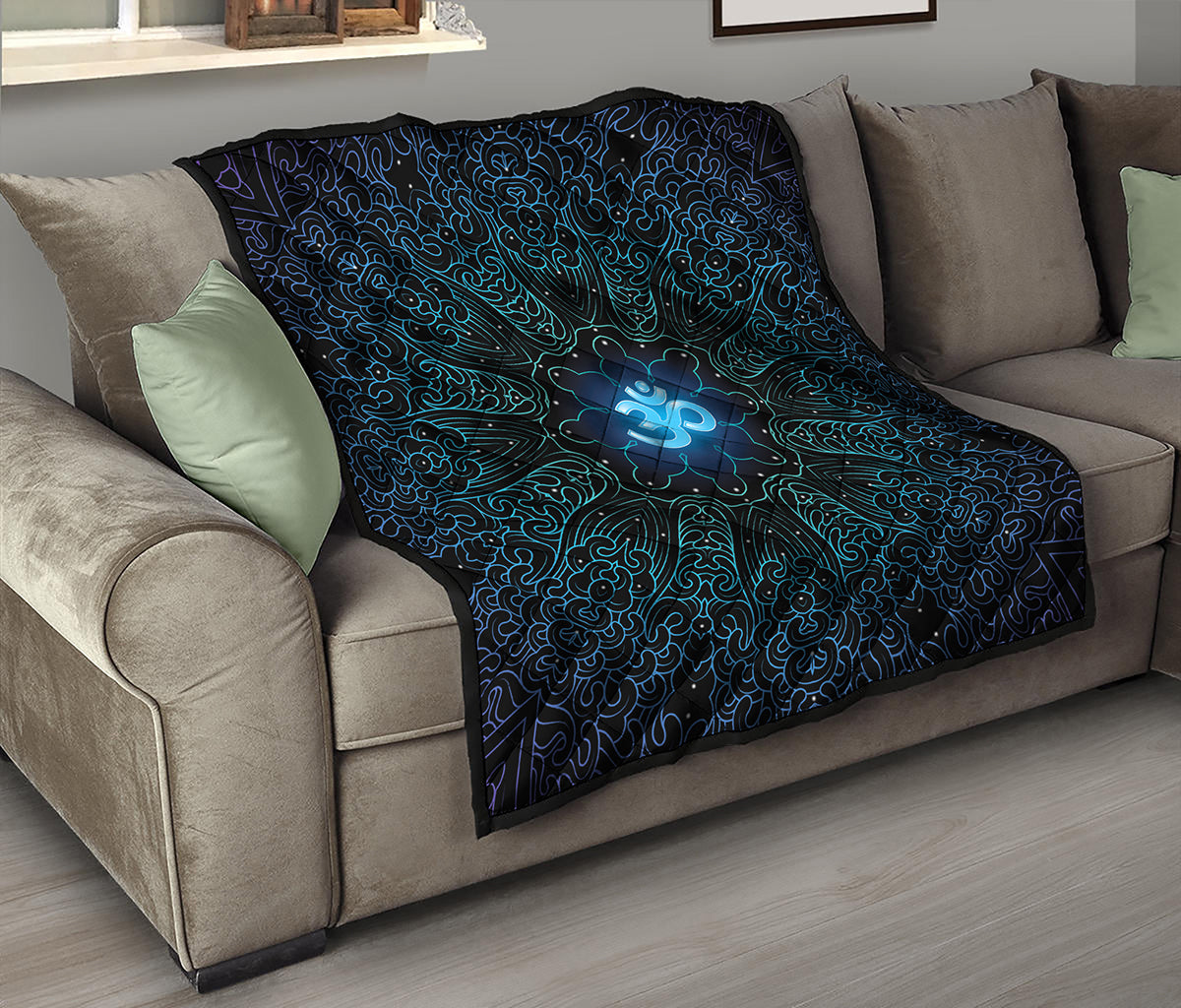 Blue Om Mandala Print Quilt