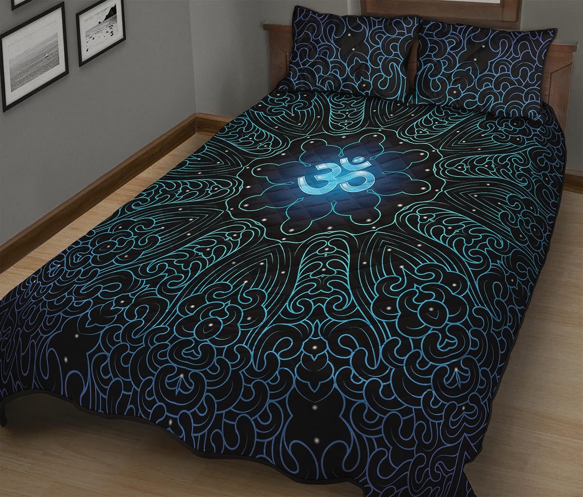 Blue Om Mandala Print Quilt Bed Set
