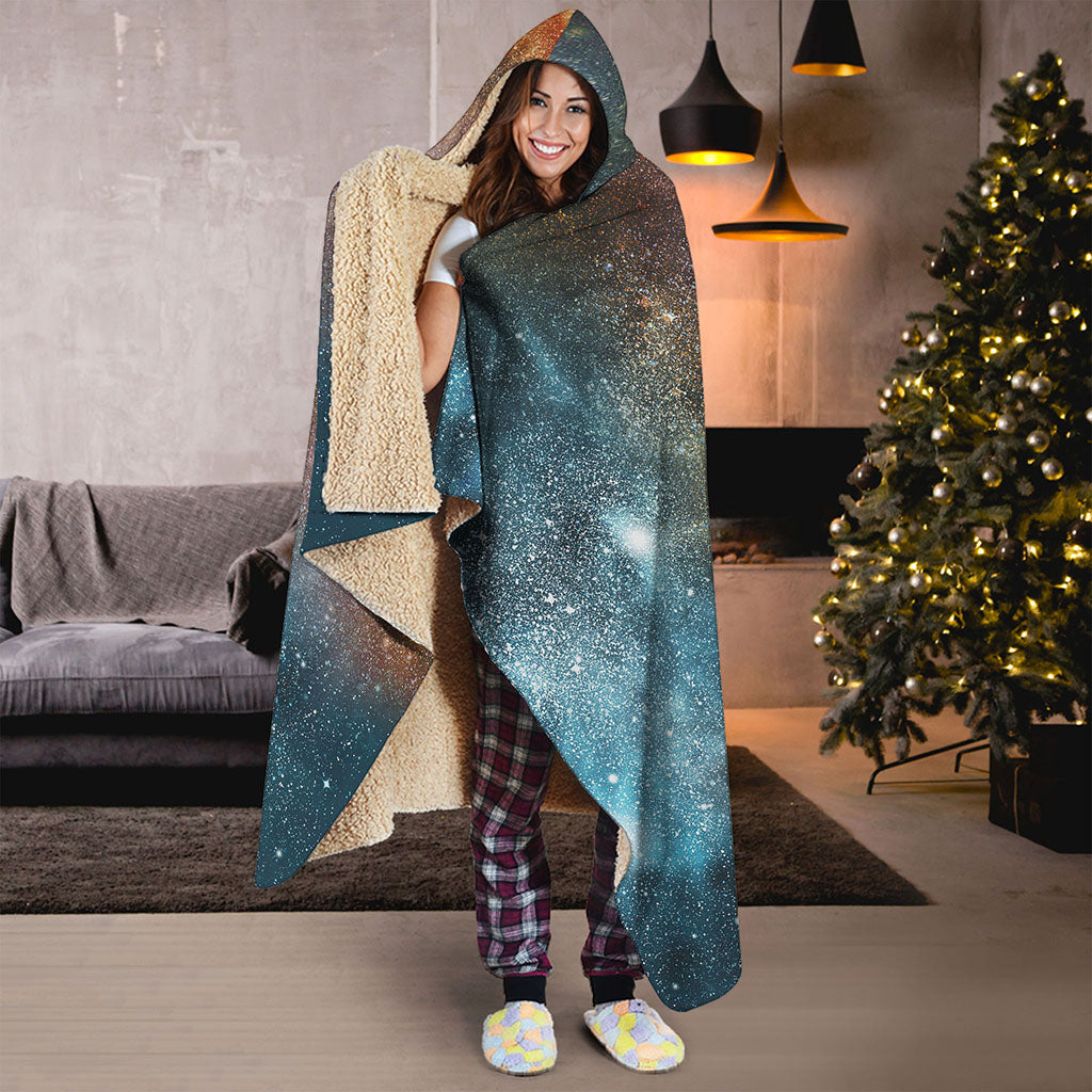 Blue Orange Stardust Galaxy Space Print Hooded Blanket