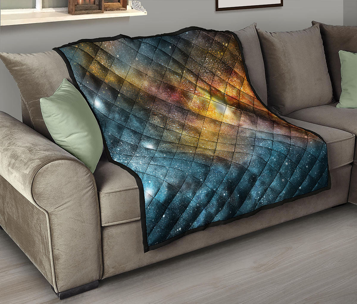 Blue Orange Stardust Galaxy Space Print Quilt