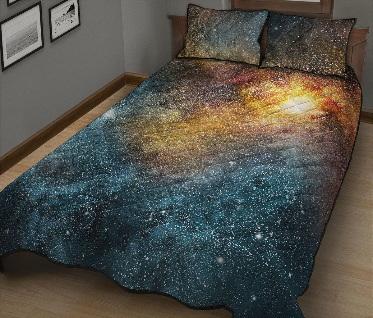Blue Orange Stardust Galaxy Space Print Quilt Bed Set